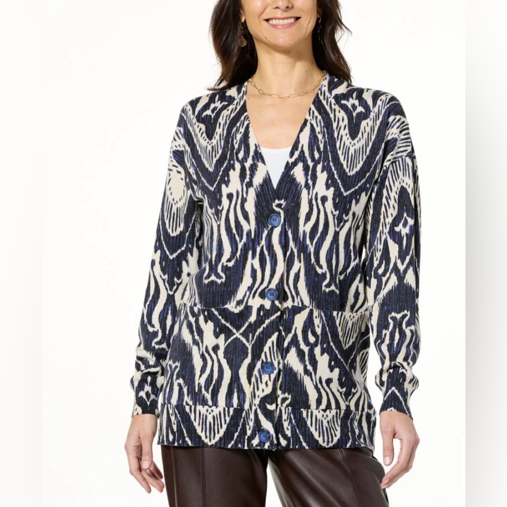 Kathy Ireland Women's Fashion 360 Maxima Printed Ikat Cardigan Navy Ivory 1X